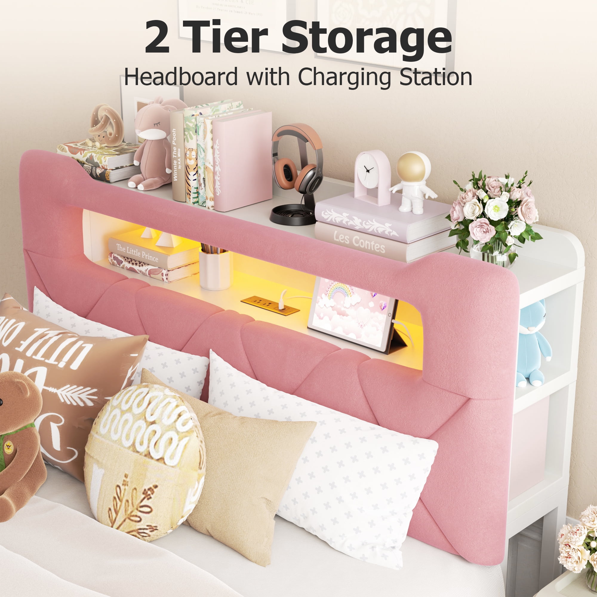Anyact Full Bed Frame with 2-Tier Storage Headboard, Metal Platform Bed Frame with 2 Storage Drawers, Built in Charging Station & LED, Pink