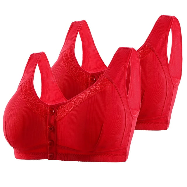 Virmaxy 2PC Womens Wireless Bra Casual Sexy Front Button Shaping Cup Shoulder Strap Underwire Bra Plus Size Extra-Elastic Wirefree Red-1 36