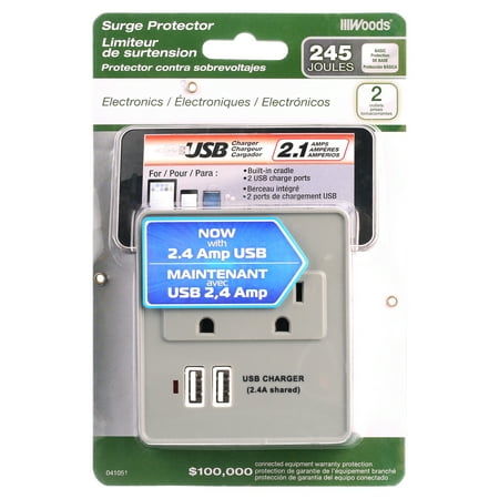Woods 0410517821 Gray Electronics USB Charging 2-Outlet 245-Joule Surge Protector with Cradle