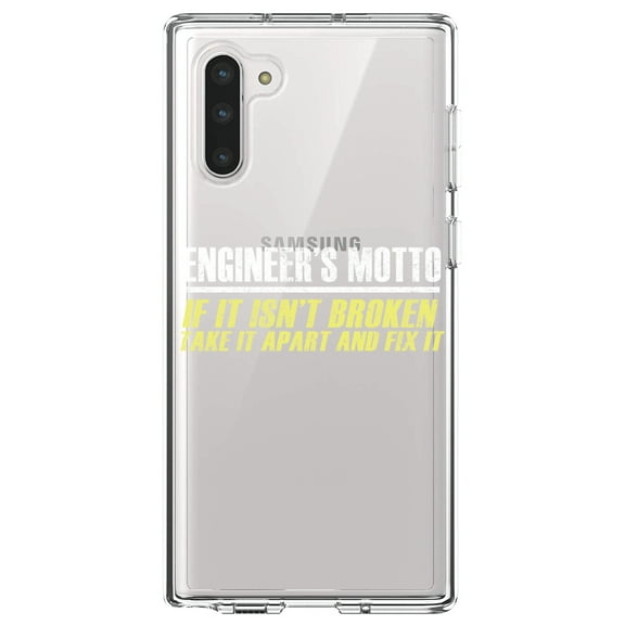 DistinctInk Clear Shockproof Hybrid Case for Samsung Galaxy Note 10 (6.3" Screen) - TPU Bumper Acrylic Back Tempered Glass Screen Protector - Engineer's Motto If Isn't Broken Fix It