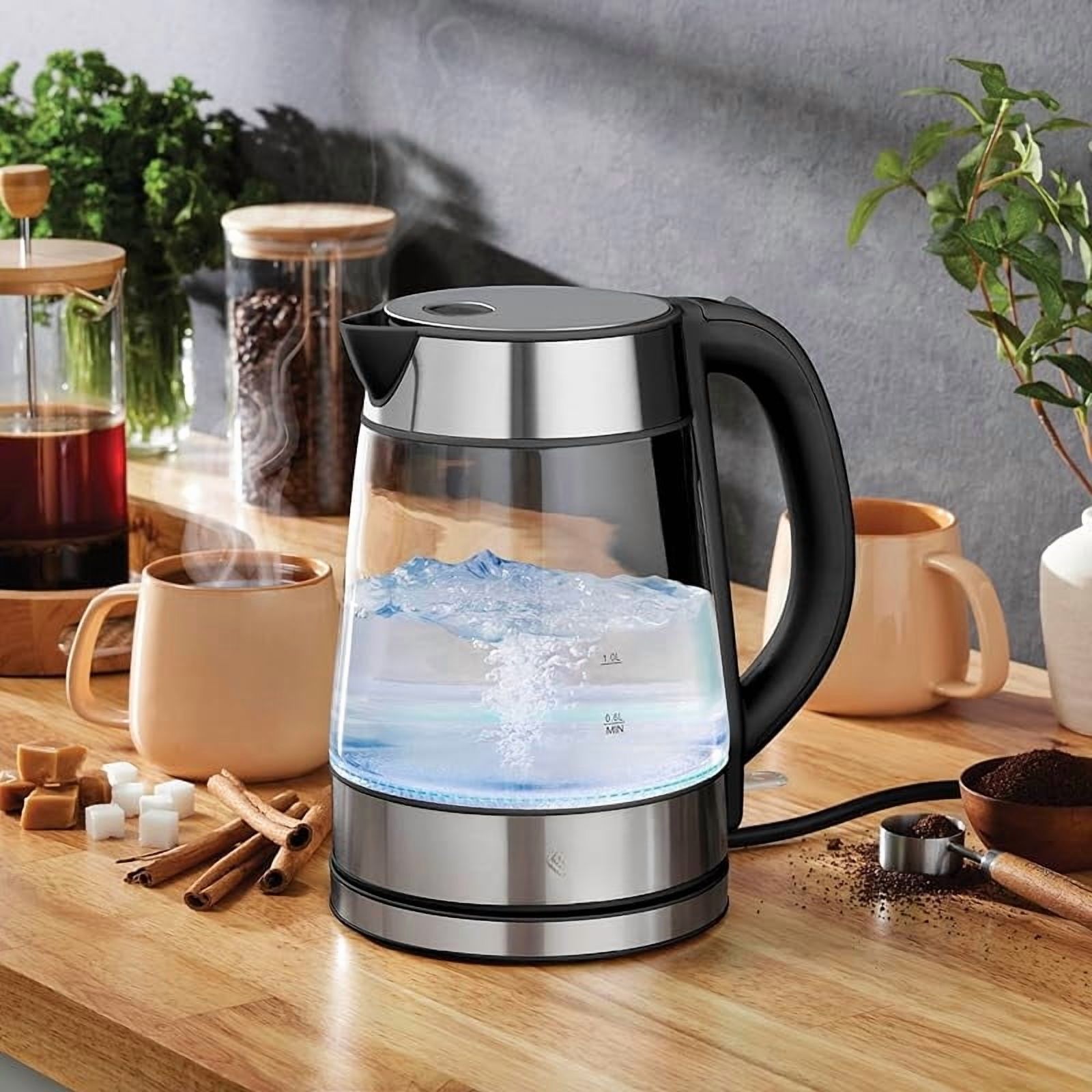 Speed-Boil Electric Kettle For Coffee & Tea - 1.7L Water Boiler 1500W, Borosilicate Glass, Easy Clean Wide Opening, Auto Shut-Off, Cool Touch Handle, LED Light. 360 °   Rotation, Boil Dry Protection