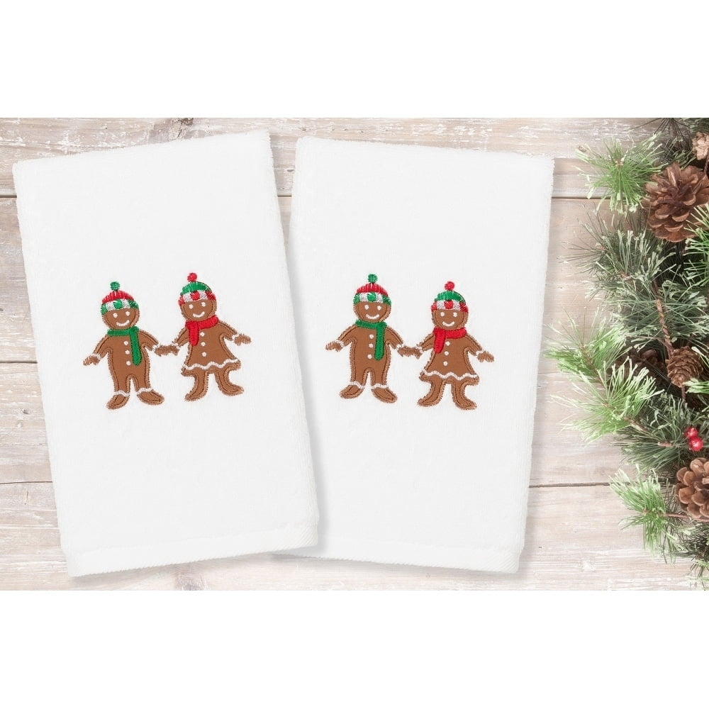 Linum Home Textiles Christmas Gingerbread Embroidered Luxury 100% Turkish Cotton Hand Towels (Set of 2)