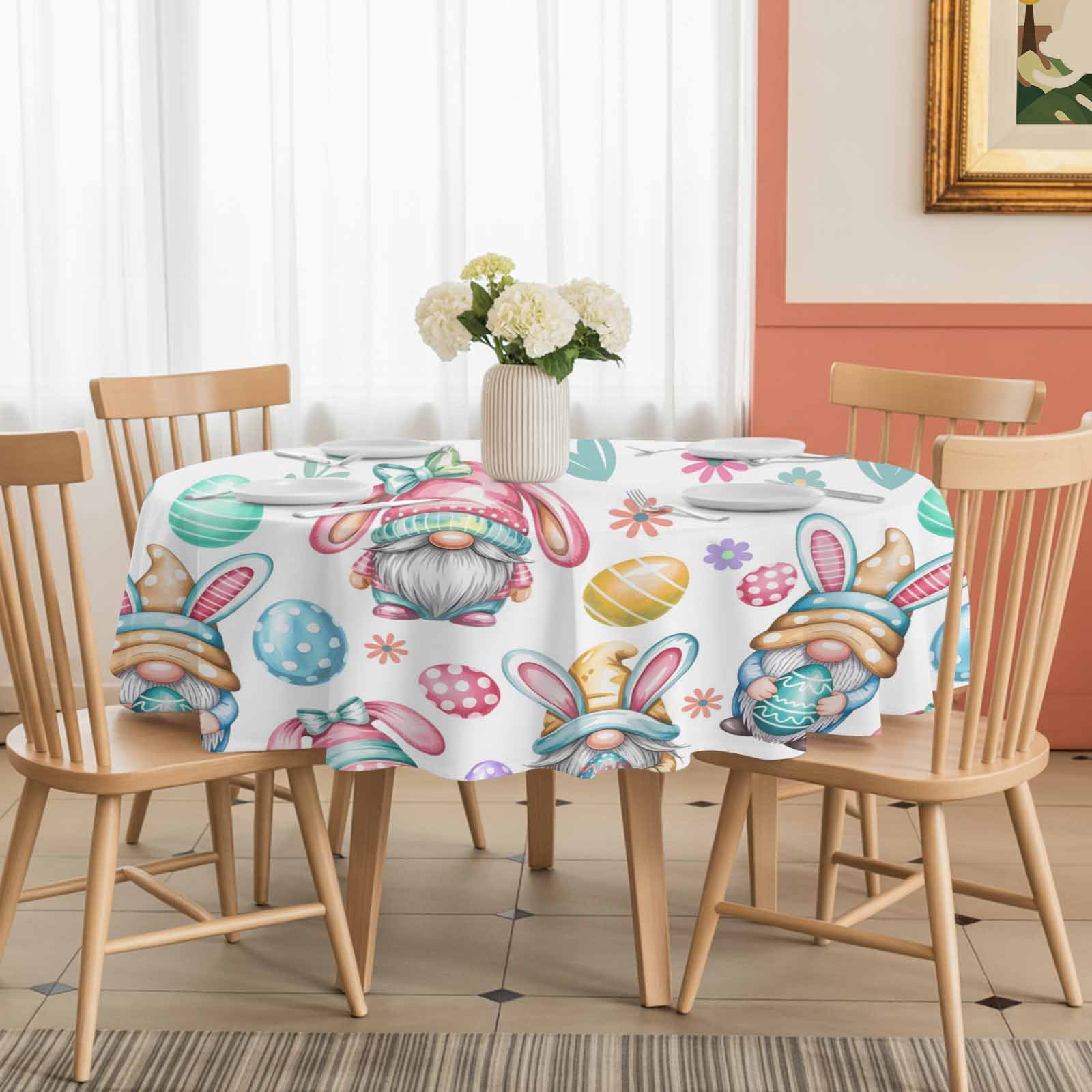 Round Tablecloth Easter Gnomes Pattern Waterproof Oil Proof Polyester Table Cloth Cover Decor for Home Dining Outdoor,Patio,Parties, 54" Dia. White