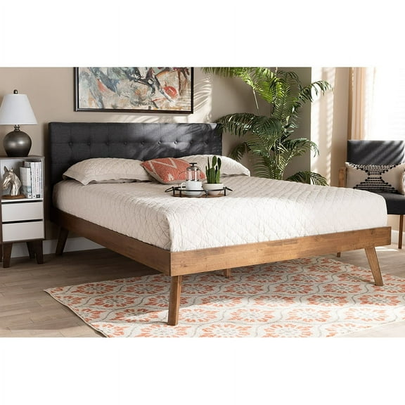 Baxton Studio Devan Mid-Century Engineered Wood Tufted Platform Bed, King, Dark Grey/Walnut