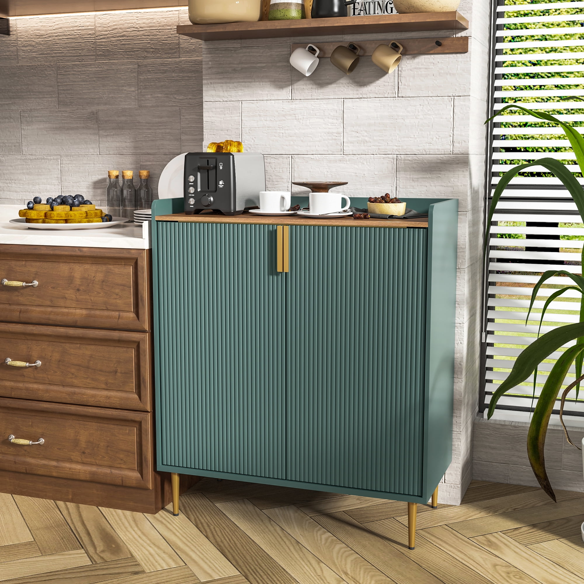 HLR 32" Wine Bar Cabinet with 2 Door Fluted Texture, Modern Coffee Cabinet with Rack&Glass Holder, Green.