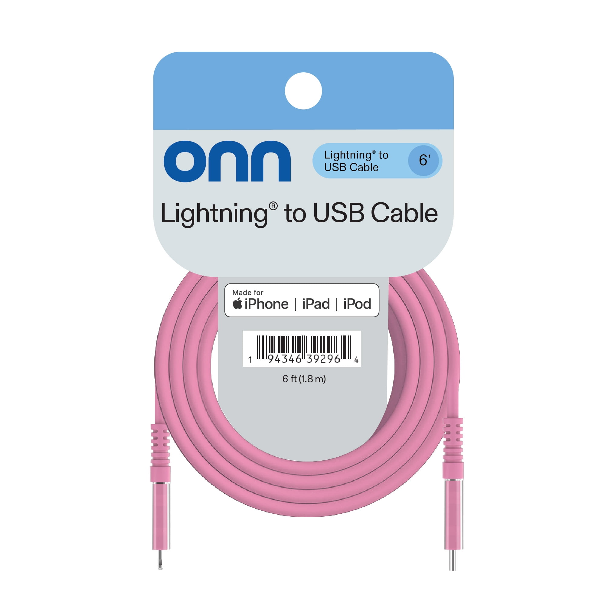 onn 6ft Lightning to USB Charging Cable - Pink - Compatible with iPhone 14/13/12/11/X/XR/XS/8/7/6/5, iPad, Airpods and more