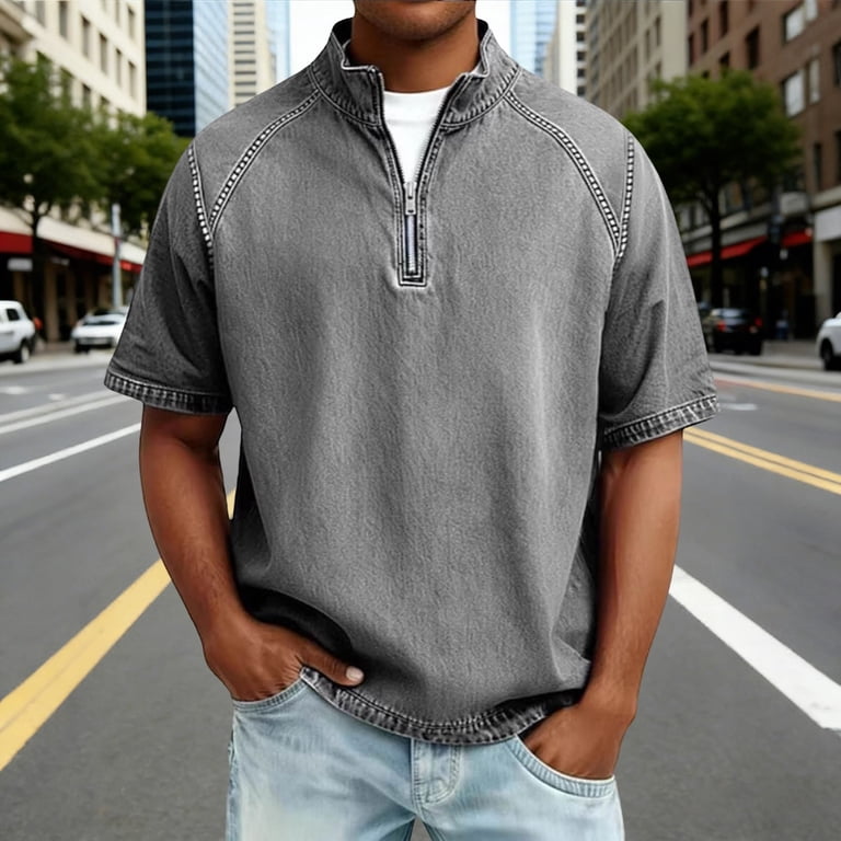 Rvwovn Men's Quarter Zip Short Sleeve Denim T-Shirt Raglan Sleeve