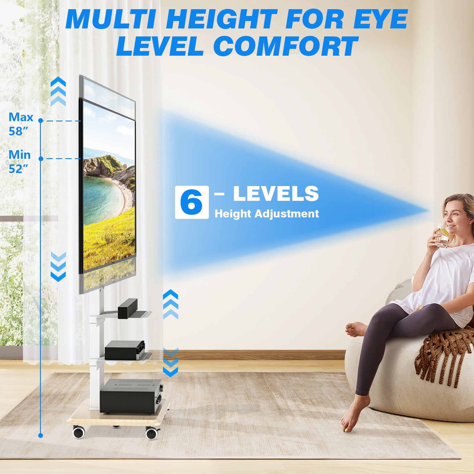 TAVR Furniture Modern Swivel Rolling TV Stand Height Adjustable for 40-75 inch TVs, Portable Floor TV Stand for Bedroom, Living Room, Office, White