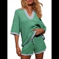 thumbnail image 3 of Conjunto de Suéter de Mujer de 2 Piezas, Top de Punto con Cuello en V y Mangas 3/4 Extragrandes, Pantalones Cortos de Cintura Alta, Conjuntos de Estar por Casa. Verde XL, 3 of 8