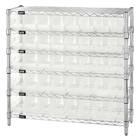 Quantum Storage WR6-36-1236-101CL 6 Shelf Wire Shelving Unit With 40 Clear Plastic Storage Bins, 12 x 36 x 36 in.
