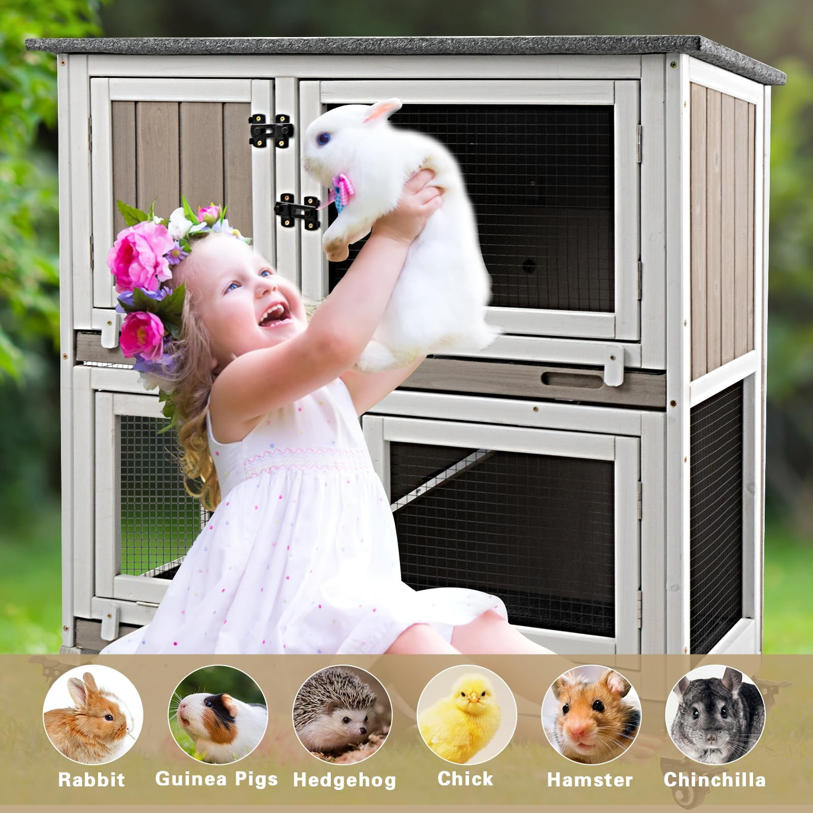 Gowoodhut Rabbit Hutch Indoor Wooden 2 Story Bunny Hutch Rabbit Cage with Wheels for Small Animals