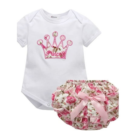 

Newborn Baby Girl Cotton Short Sleeve Romper Bodysuit Tops+Floral Layered Shorts Princess Crown Print Cute Shirt with Pleated Bowknot Short Pants Toddler Girls Summer Outfit Set 0-18 Month