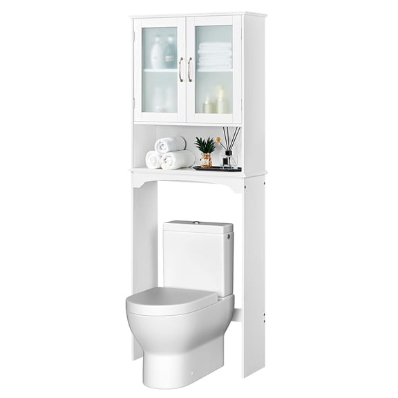 Tall Over The Toilet Storage Organizer with Adjustable Shelves Tempered Glass Doors Freestanding Bathroom Cabinet for Essentials Decorations White