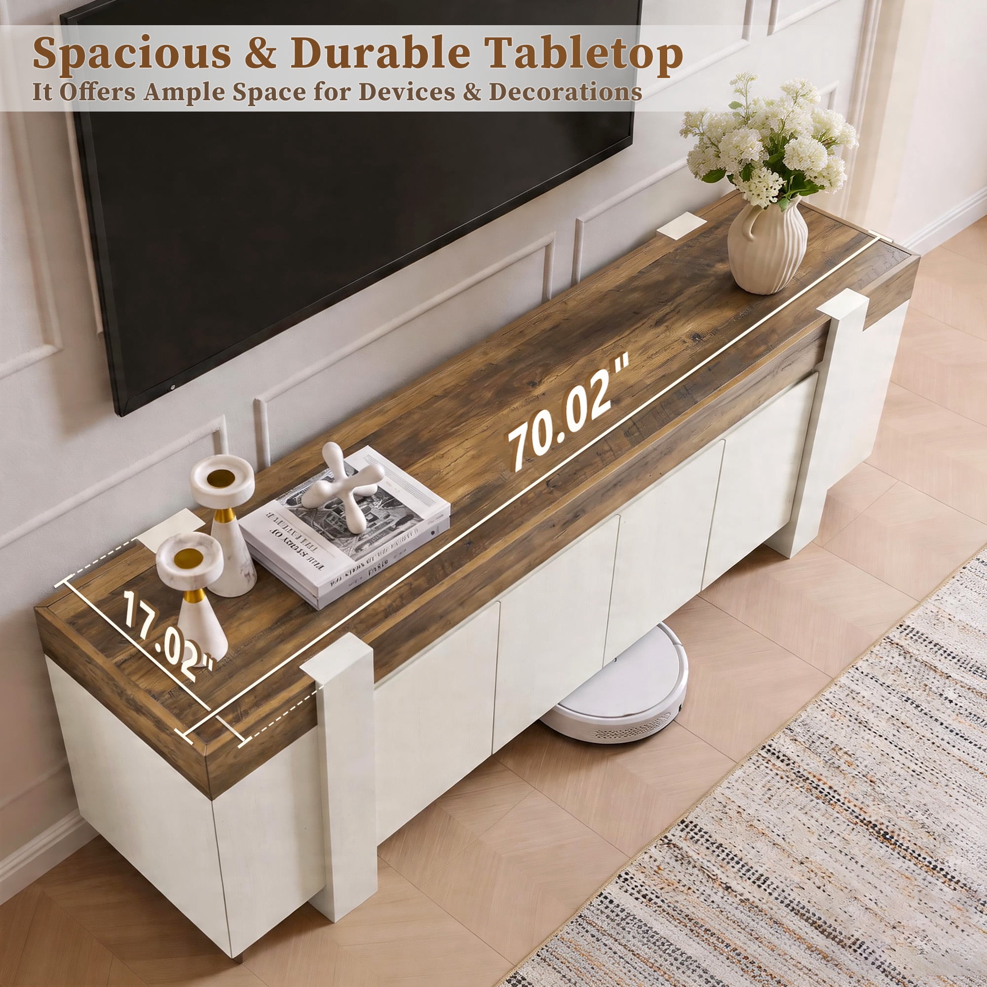 KeyWhat TV Stand for TVs Up to 80", Modern Farmhouse Entertainment Center with Storage Cabinet, Media Console Table for Living Room, Antique White