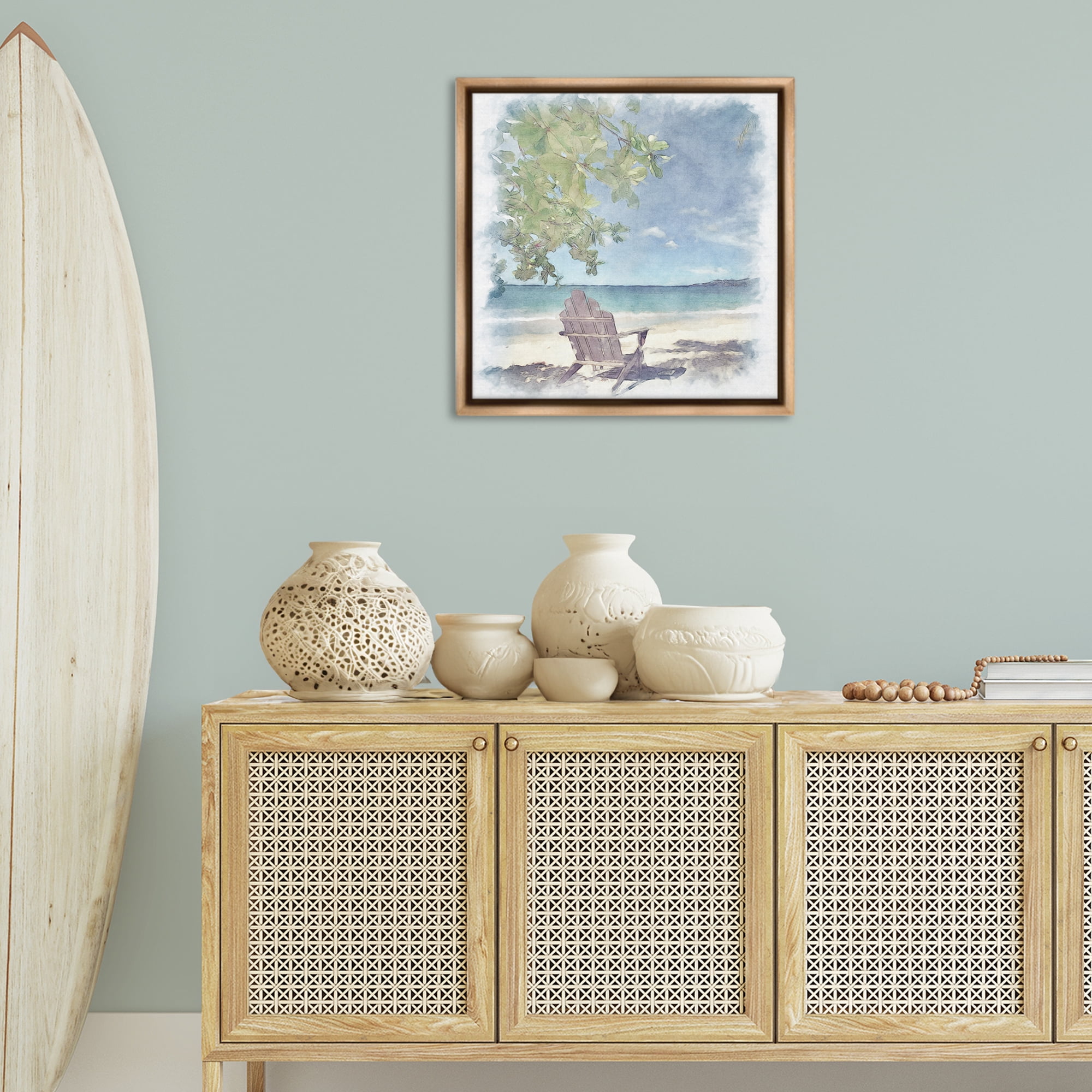 Stupell Industries Lone Chair Beach Shore Landscape & Nature Painting Brown Floater Framed Canvas Art Print Wall Art, 25 x 25