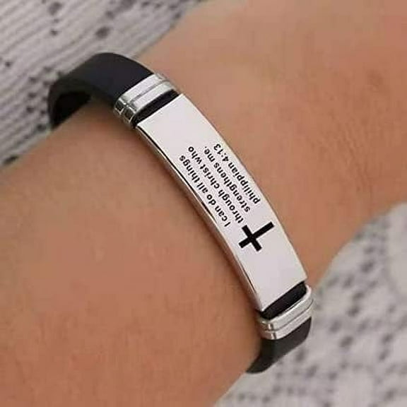 DASAW-Inspirational Quote Cross Bracelets Faith Christian Bible Verse Silicone ID Wristband Religious Gifts for Men Women Stainless Steel Rubber Adjustable