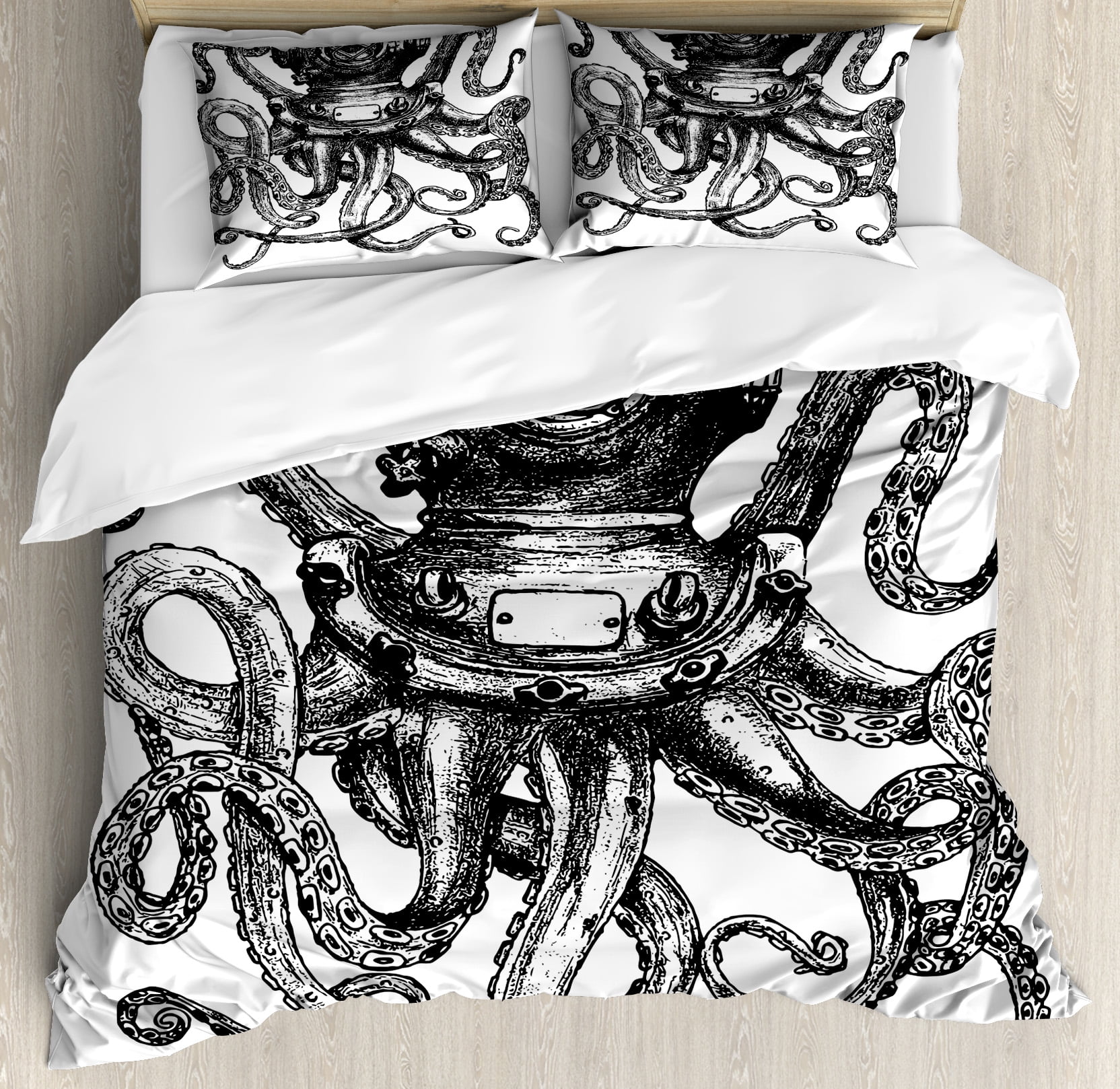 Octopus Duvet Cover Set Vintage Style Diver Marine Animal Octopus Duvet Cover Set Vintage Style Diver Marine Animal S Scuba Concept Decorative Bedding With Pillow Shams Charcoal Grey And