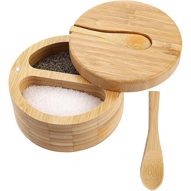 1 caja de sal y pimienta de bambú, caja de almacenamiento de especias de madera con tapa, cuchara, olla de condimento de doble rejilla, soporte de cocina, azucarero, marrón claro Sailing Electrónica