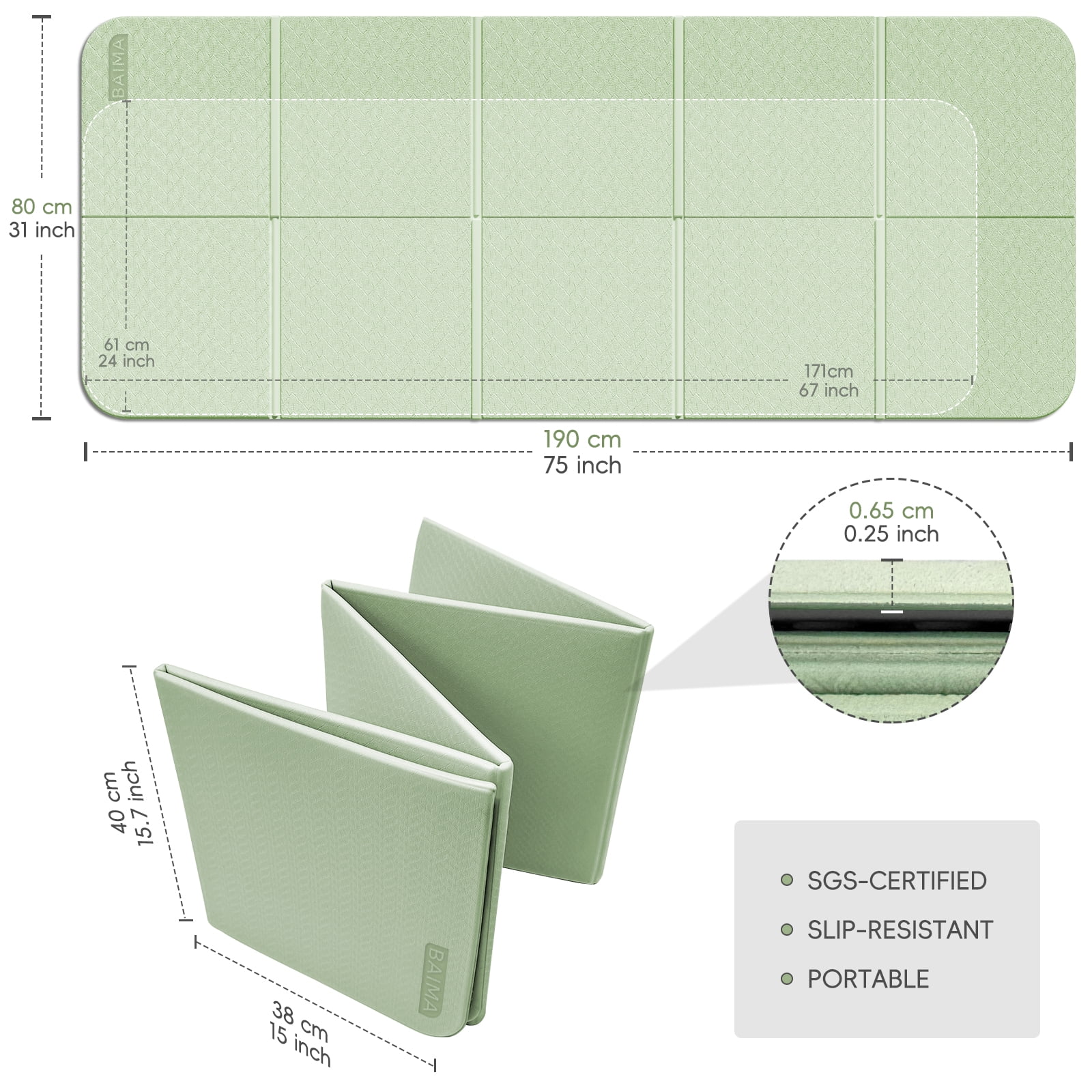 BAIMA Large Yoga Mat Thick Extra Wide and Long , Foldable Portable Travel Square Mats(Green+Black)