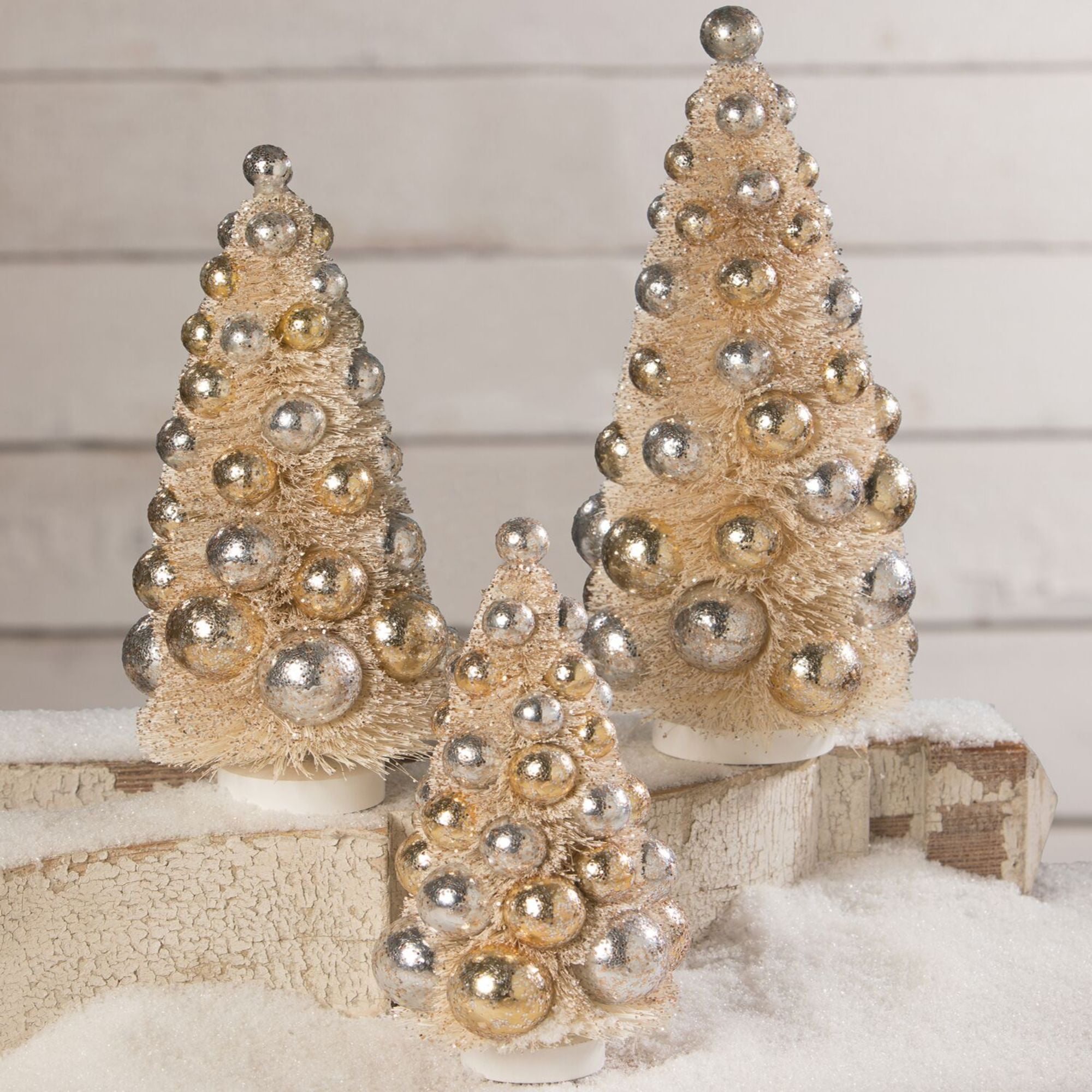 Set of 3 Silver and Gold Bottle Brush Trees Christmas Tabletop Decor 12