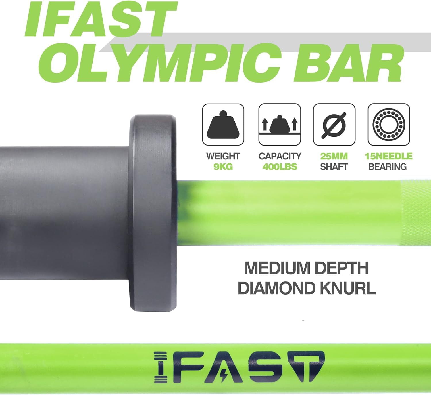 IVV Olympic Barbell Bar 4FT Solid Chrome Barbell with Bearing, Home Gym 2" Weightlifting Bar, 400lbs Weight Capacity, Green