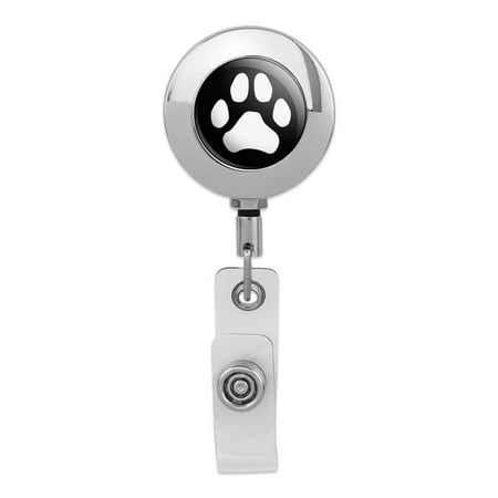 Metal Retractable Reel Paw Print Dog Cat White on Black Retractable Reel Premium Metal Chrome Badge ID Card Holder Clip ()