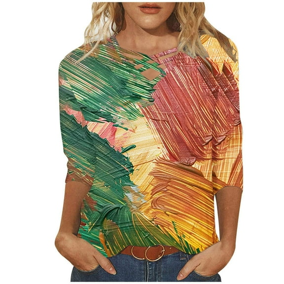 Womens T Shirts 3/4 Length Sleeve Floral Print Long Sleeve Tops Criss Cross V Neck Casual Summer Fall Tees (XL, Multicolor)