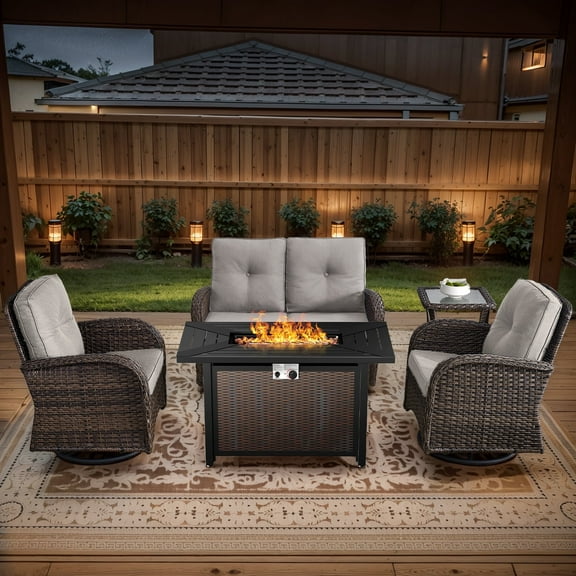 POCASSY 5 Pieces Fire Pit Table Set Patio Furniture with Glider Loveseat, All Weather Outdoor Conversation Set with Cushioned Patio Loveseat and Patio Swivel Chairs, Brown Wicker Beige Cushion