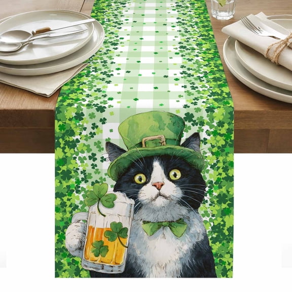 St. Patrick's Day Table Runner - 108 Inch Long, Kitchen Dining Table Runner Dresser Scarves, Cat Beer Green Clovers Buffalo Plaid Farmhouse Decor for Coffee Tables Wedding Party Banquet
