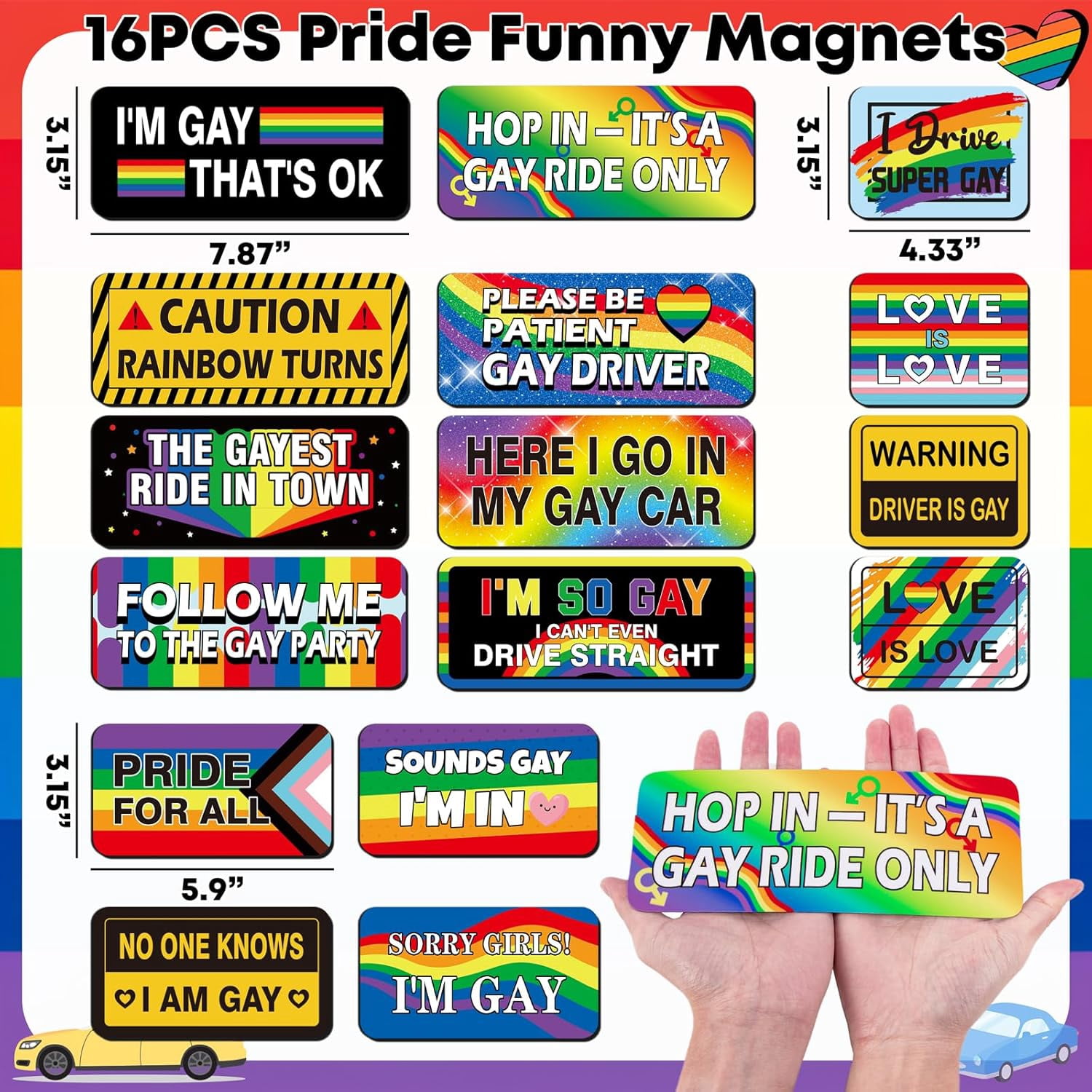 16PCS Funny Pride Gay Car Bumper Magnets: Bulk Magnetic Rainbow Decals Decorations for LGBT Parade Decor, Refrigerator, Truck, Prank Gift Ideas