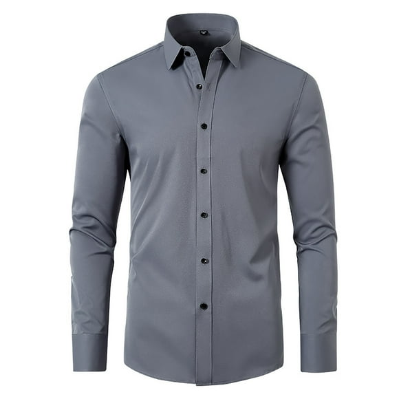 WTXUE Button-Up Shirts Long Sleeve, Notch Neck Shirts for Men Non Ironing Elastic Shirt Lapel Button Shirt Solid | Workwear for Men Grey 3XS