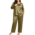 thumbnail image 2 of vdgthytj Plus Size Loungewear Sets for Women Satin Long Sleeve Crewneck Tops Straight Leg Pants Fall Sleepwear 2 Piece Outfits(4X-Large,Army Green), 2 of 9