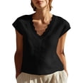 thumbnail image 3 of Craaazy Womens Spring And Summer Lace Trim Linen Top V-Neck Cap Sleeve Casual Blouse for Daily Wear Gifts, 3 of 8