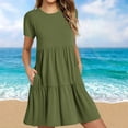 thumbnail image 2 of Pisexur Robes Midi pour Femmes Manches Courtes Col Rond Robes d'Été Mode Unie Fluide Décontractée Robe à Volants avec Poches, 2 of 6