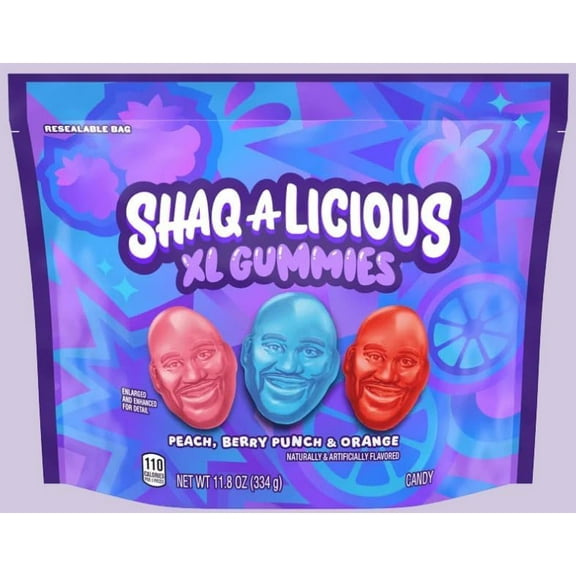 Shaq-a-licious XL Gummies 11.8 oz Each Jumbo Candy Bag Giant Fruit-Flavored Gummy Candy In Fun Shapes Sweet, Chewy And Colorful Snack Treats For Kids Adults (Pack Of 2, Peach Berry &Orng)