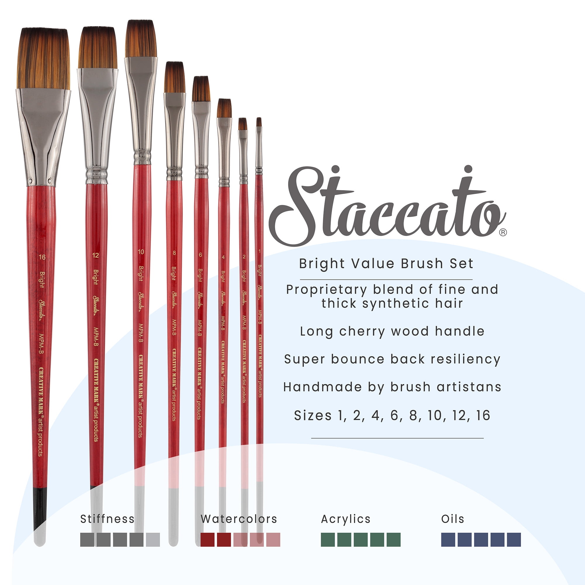 Creative Mark Staccato Artist Paintbrush - Bright Set of 8 - Synthetic Long Handled Brushes For Acrylic Paints, Handmade and Full Bodied With Springy Response