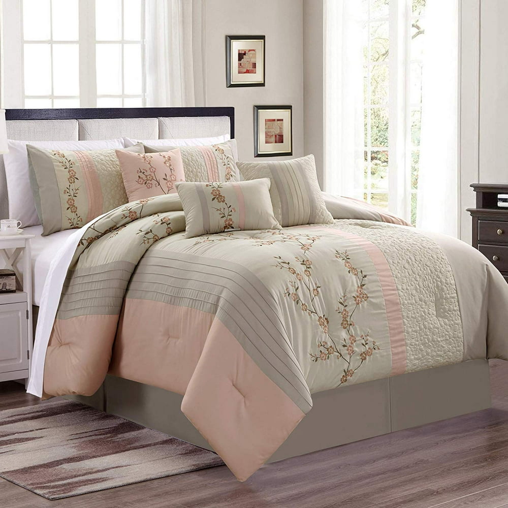Chezmoi Collection Linnea 7Piece Luxury Cherry Blossom Floral Embroidery Bedding Comforter Set