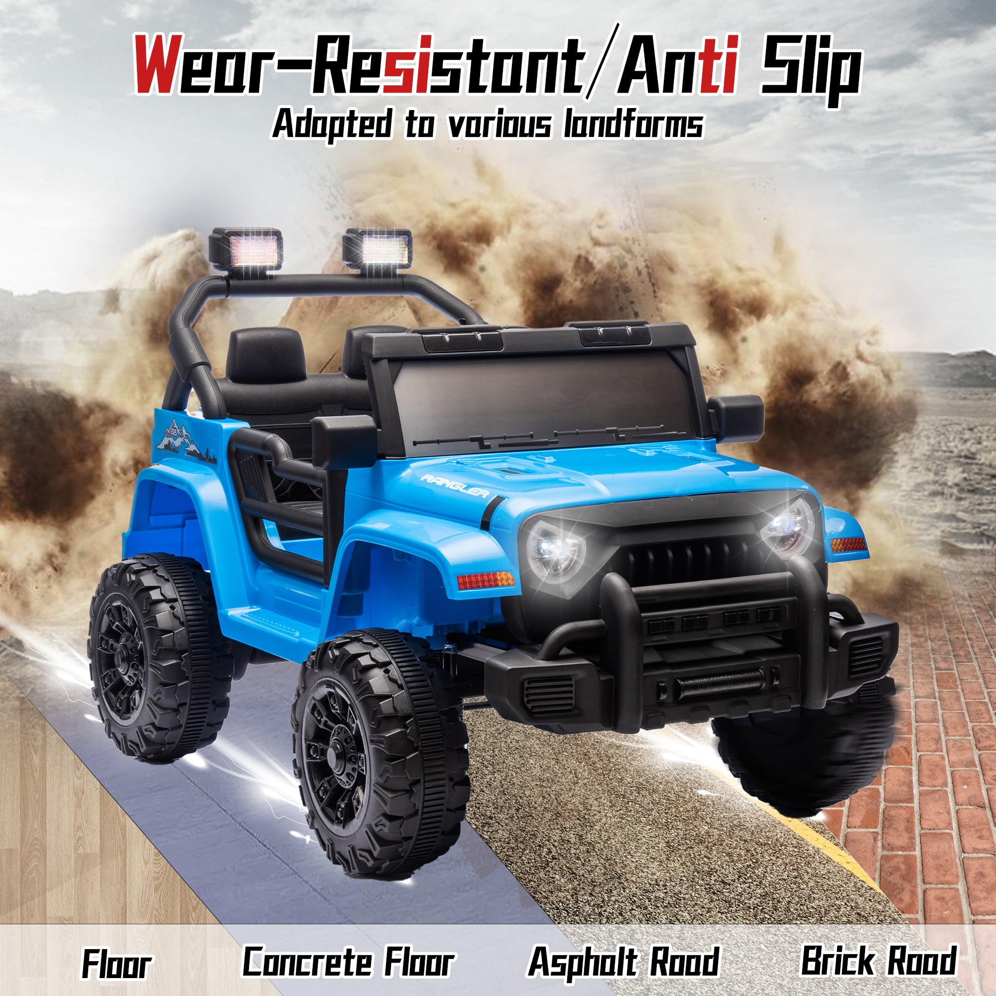 Xuanlur 12V Kids Ride on Car with Remote Control, Ride on Toys w/ Dual Drive, Four-Wheel Suspension, Bluetooth Music, LED Lights, USB, Shock Absorption, Toys Car for Kids Aged, Blue