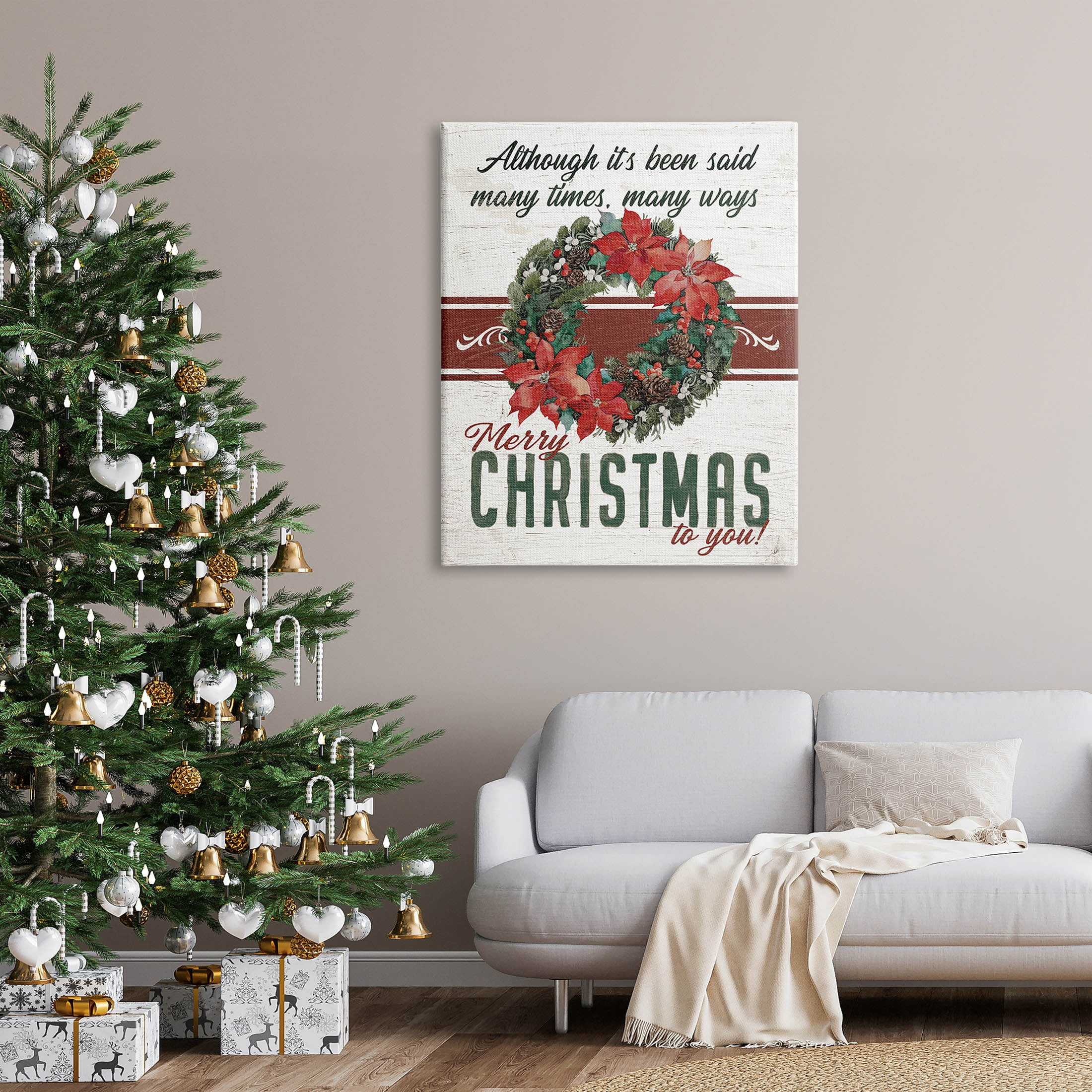 Merry Christmas To You Vintage Poinsettia Holiday Graphic Art Gallery Wrapped Canvas Print Wall Art