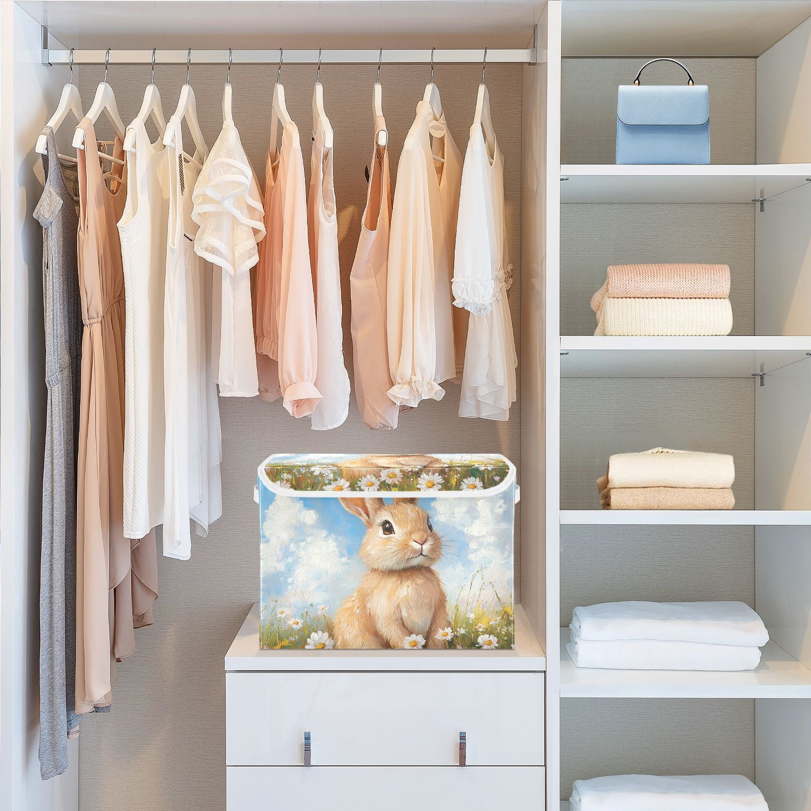 Easter Rabbit Flowers Storage Basket for Shelves Foldable Container Organizer for Organizing Toys Clothes Books with Handles