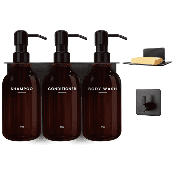 Nurforta Shampoo and Conditioner Dispenser - Shower Soap Dispenser Wall Mounted - 17 fl oz Set of 3 Brown Plastic Bottles with Stainless Steel Pumps & No-Drill Adhesive Holders for Bathroom