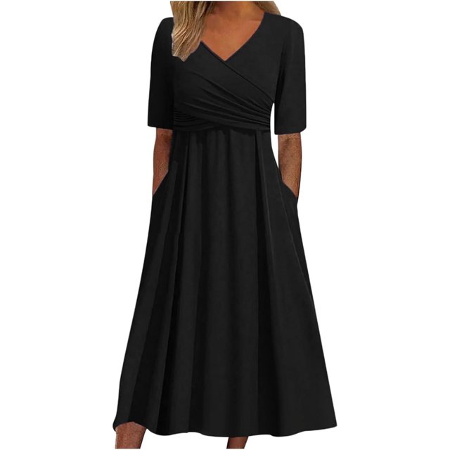 Robes de Printemps pour Femmes Décontractées Manches 3/4 Longue Robe Évasée Basique Plage Vacances Travail Maxi Robe 2025