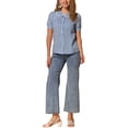 thumbnail image 2 of Blusa de manga corta con cuello Peter Pan en contraste para mujer Inspire Chic, top de cuadros, talla XL, azul marino, 2 of 6