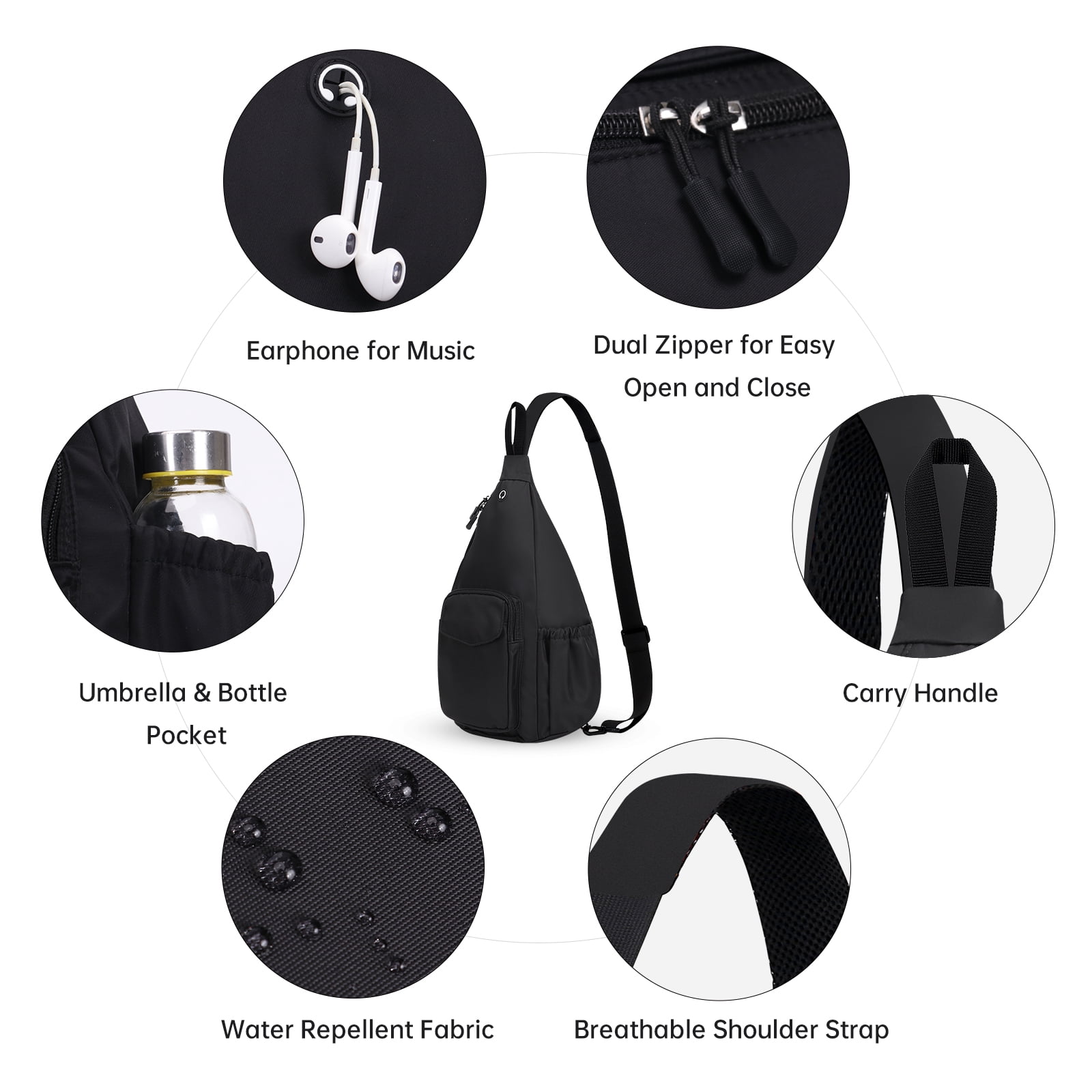 HAWEE Sling Backpack Crossbody Shoulder Left and Right Chest Bag for Women Men Travel Hiking Daypack, Black