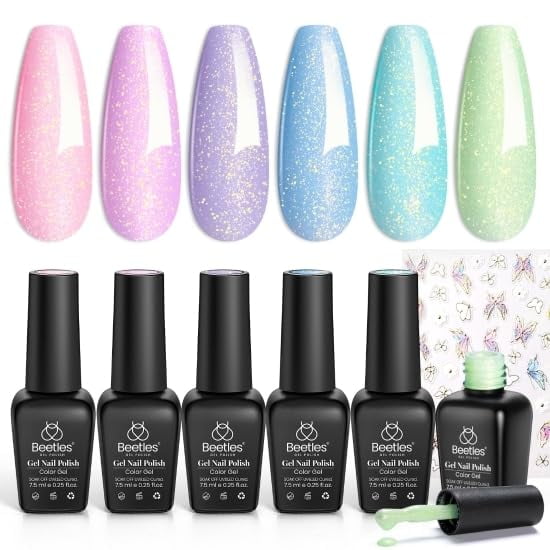 Set de esmaltes de uñas Beetles Shimmer Gel, 6 colores, 7,5 ml, con pegatinas