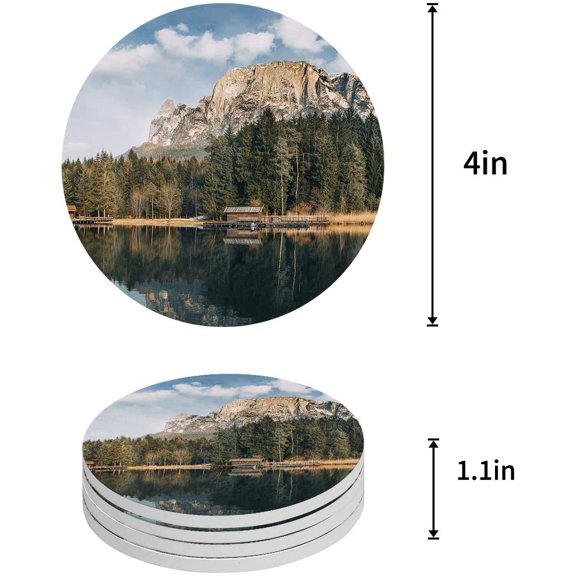 FMSHPON Natural landscape Mountains and Lakes Set of 6 Round Coaster for Drinks, Absorbent Ceramic Stone Coasters Cup Mat with Cork Base for Home Kitchen Room Coffee Table Bar Decor