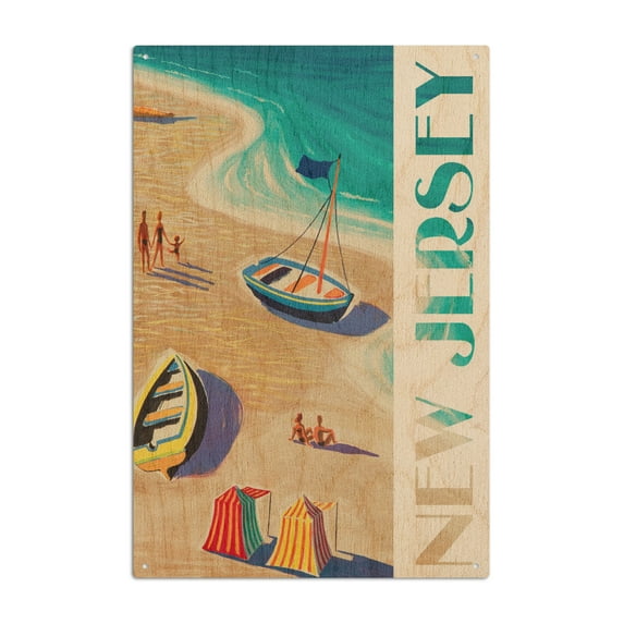 New Jersey, Beach Scene Birch Wood Wall Sign (6x9 Rustic Home Decor, Ready to Hang Art)