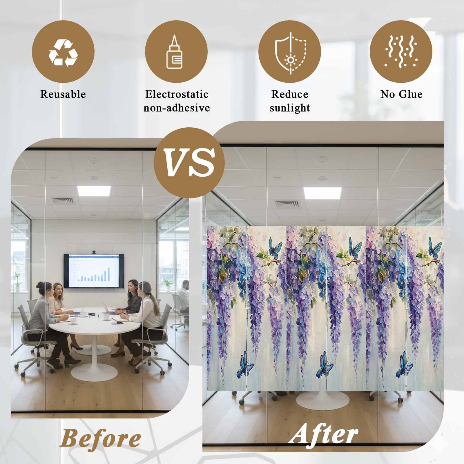 Purple Lavender Window Privacy Film, Butterfly Flower Abstract Brush Artwork Static Cling UV Sun Blocking Tint Film Heat Control Windows Films for Bedroom Bathroom, Window Stickers 35.4"x78.7"