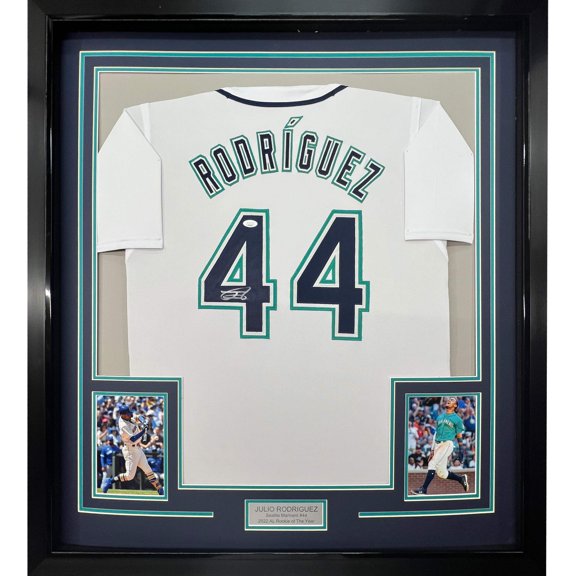 Framed Autographed/Signed Julio Rodriguez 35x39 Seattle White Baseball Jersey JSA COA