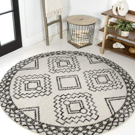 JONATHAN Y MOROCCAN HYPE 7' Round Area Rug, Amir Moroccan Beni Souk - Cream/Black, MOH200A-7R